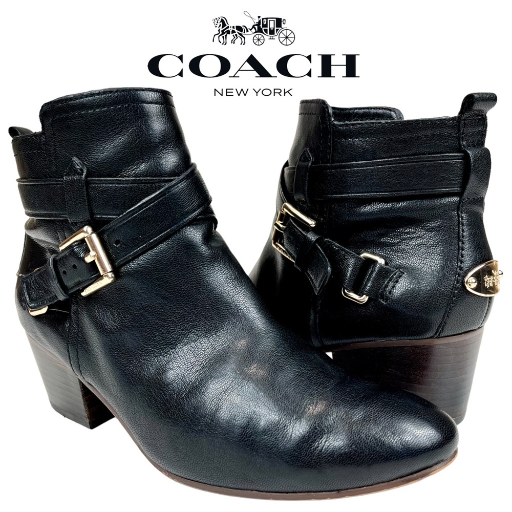 Coach Pauline Women’s 7 Black Leather Ankle Boots Gold Hardware Block Heel